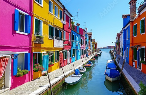 colorful canal with houses with boats docked in the water © olegganko