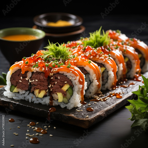 Japanese style maki made from thinly sliced beef
