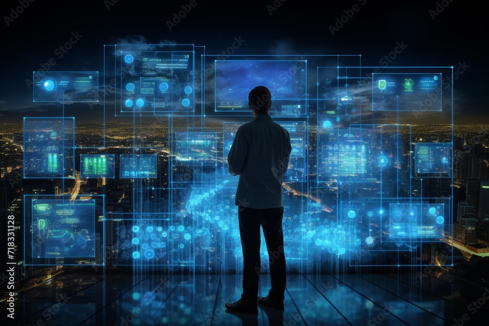 Experienced data analyst visualizing complex big data network with advanced ai technology Experienced data analyst visualizing complex big data network with advanced ai technology