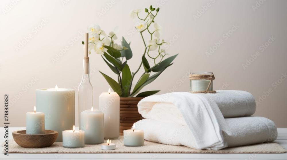 towels, candles, and a bottle of wine sit on a table with a vase of flowers in the background. towels, candles, and a bottle of wine sit on a table with a vase of flowers in the background.