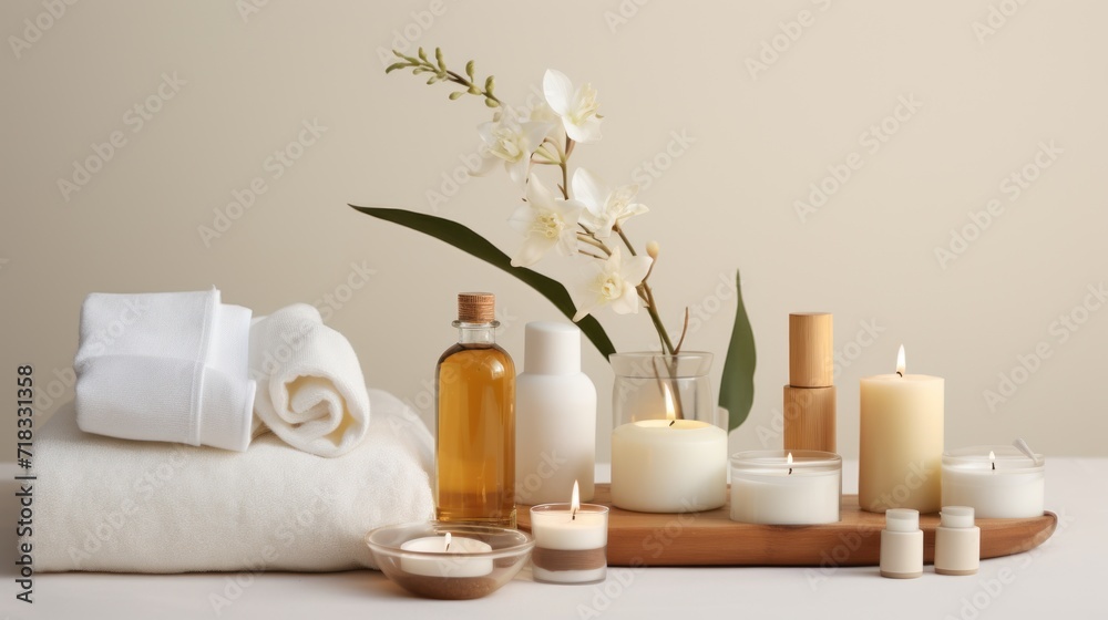  a wooden tray topped with lots of candles next to a vase filled with white flowers and a bunch of candles.