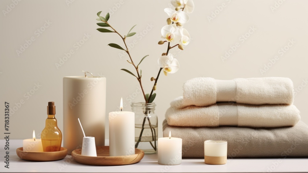  a table topped with candles and towels next to a vase filled with flowers and a vase filled with white flowers.