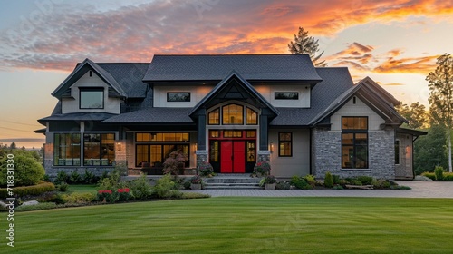 Large American beautiful house with red door.