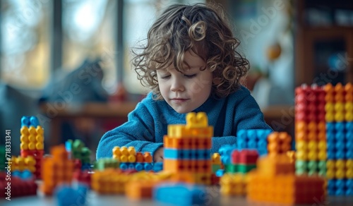 a child is sitting at a table playing with blocks