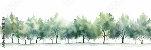 Watercolor Cottonwood Tree Line on White Background Generative AI photo