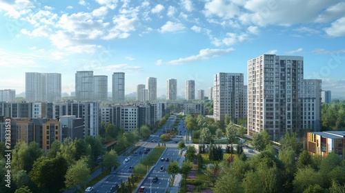 Modern apartment buildings in a green residential area in the city