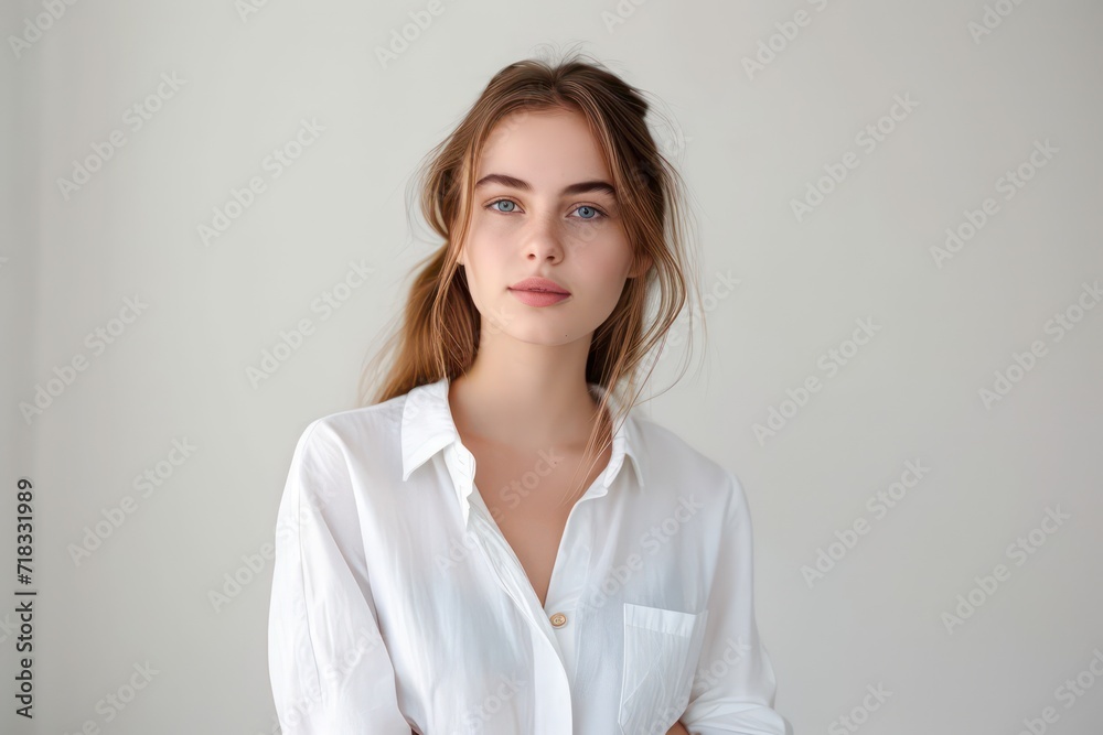 Young pretty woman wearing white shirt against white background