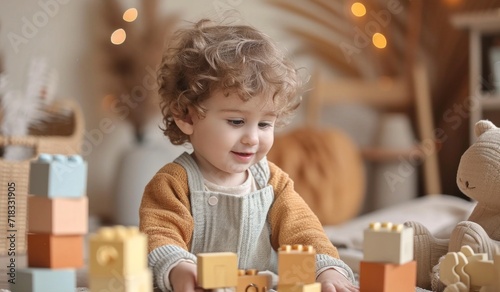 a little boy is playing with building blocks