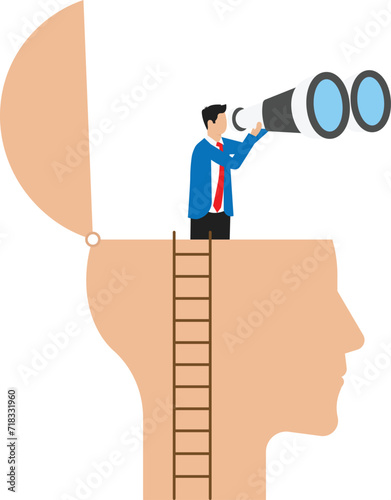 Visionary concept businessman holding huge tourists binocular to see future for observation, discovery ,opportunity, challenge for clear vision on head concept
