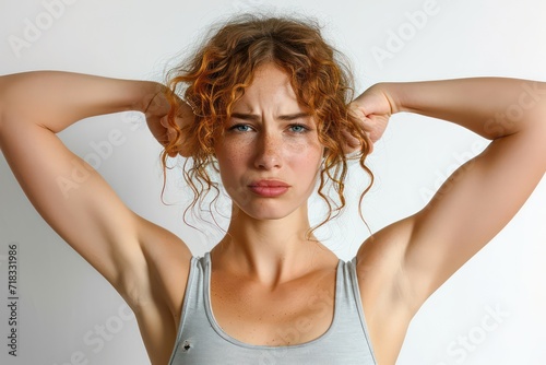 Woman flexing muscles against white background