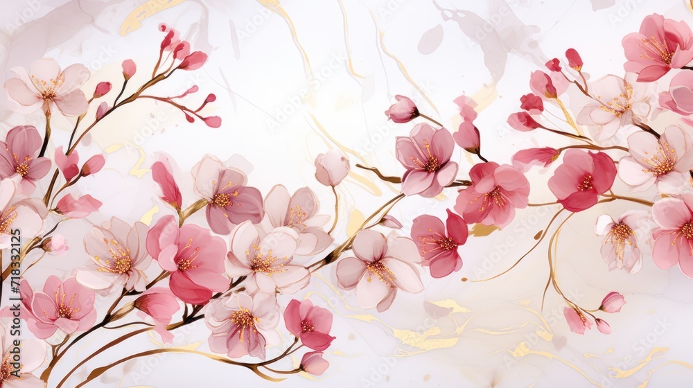  a close up of a painting of pink flowers on a white background with a gold leaf design on the left side of the frame.