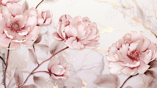  a painting of pink flowers and leaves on a white and gold marbled background with a gold foiled effect.