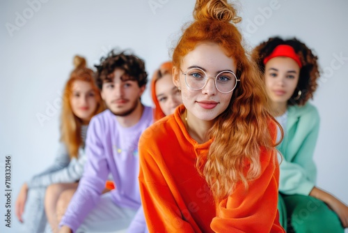 Young redhead woman with eyeglasses sitting amidst friends over white background