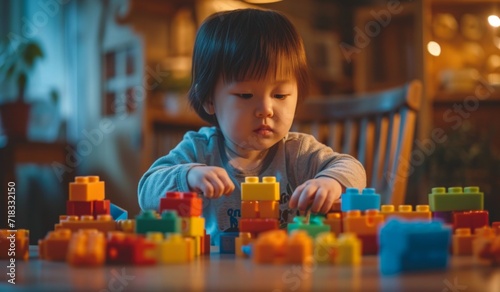 a child is sitting at a table playing with blocks