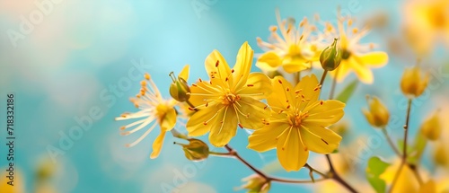 Yellow flower St Johns wort  Hypericum perforatum  with blue sky in the background  close-up