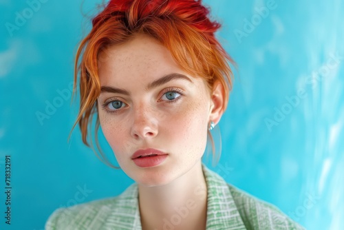 Attractive redhead woman staring against blue and white background © Tisha