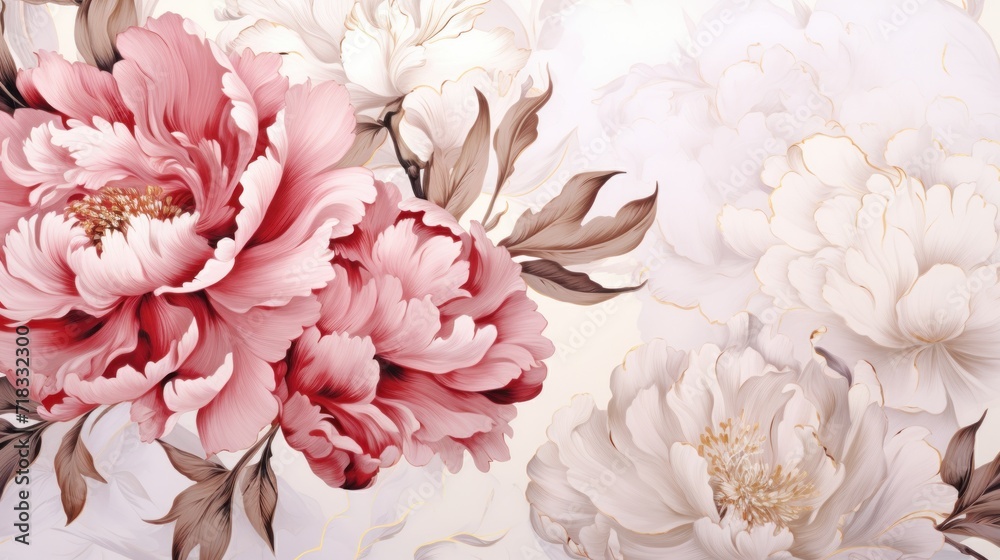  a close up of a bunch of flowers on a white and pink wallpaper with leaves and flowers on it.