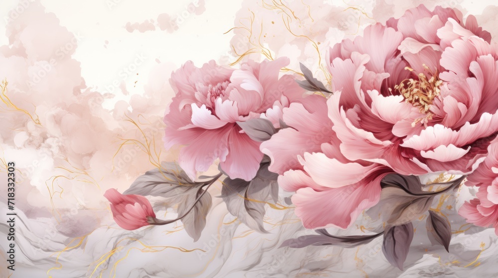  a painting of pink peonies on a white and pink background with a gold line work in the middle of the image.