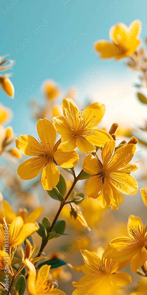 Fototapeta premium Yellow flower St Johns wort (Hypericum perforatum) with blue sky in the background, close-up