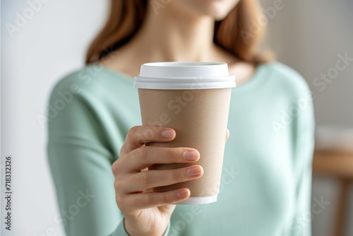 Woman holding disposable cup in front of white background