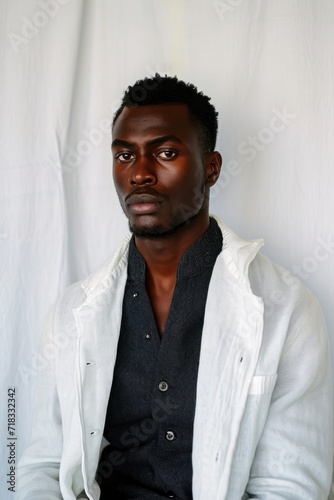 Black man posing on white background.