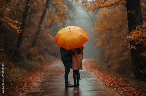 a couple kissing on a path out of a rainy day
