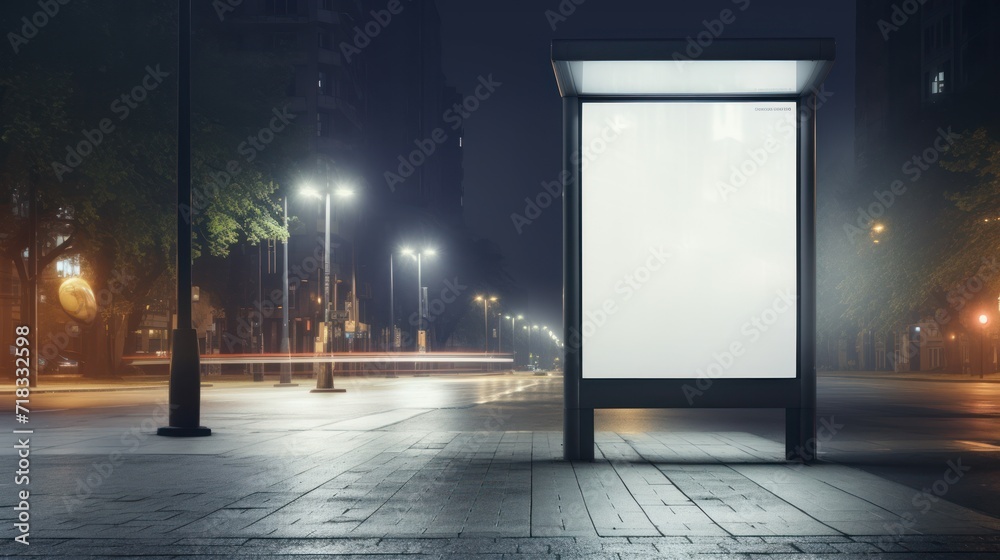  a city street at night with street lights and a large white billboard on the side of the street in the middle of the night.