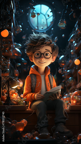 Boy in Glasses Sitting Surrounded by Bubbles. Generative AI. © MikeLegend