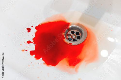 Blood in a white ceramic sink. Bleeding gums or wound of a person. Close-up of an abundance of blood in the bathroom