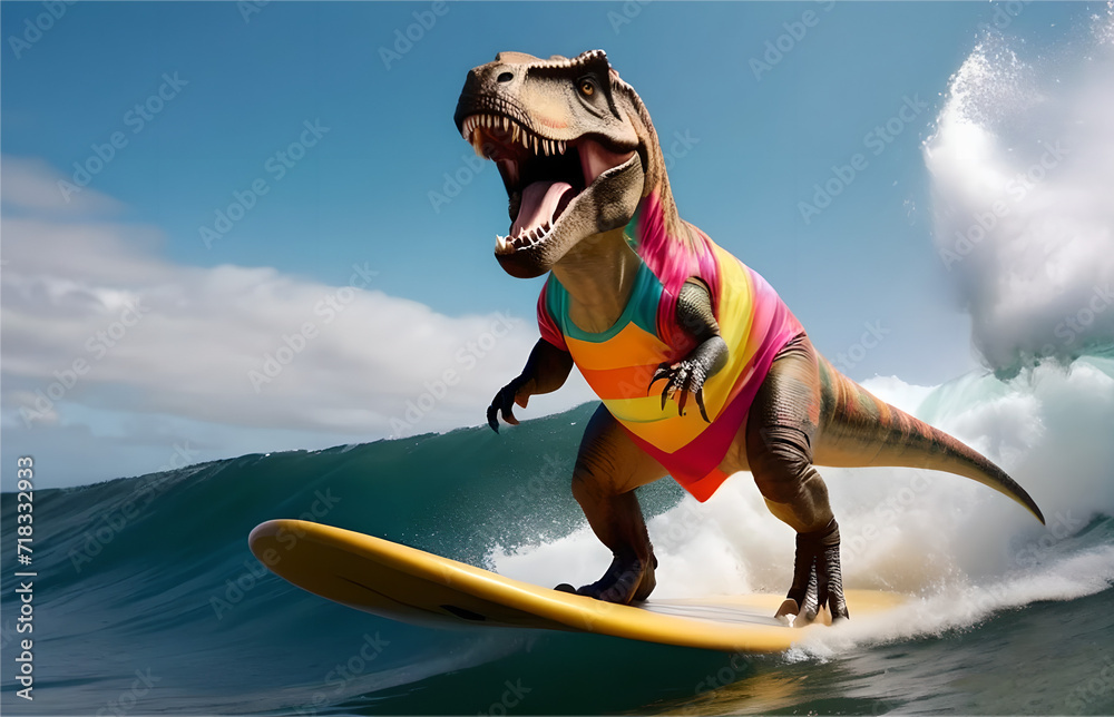 t rex dinosaur surfing, multicolored  - obrazy, fototapety, plakaty 