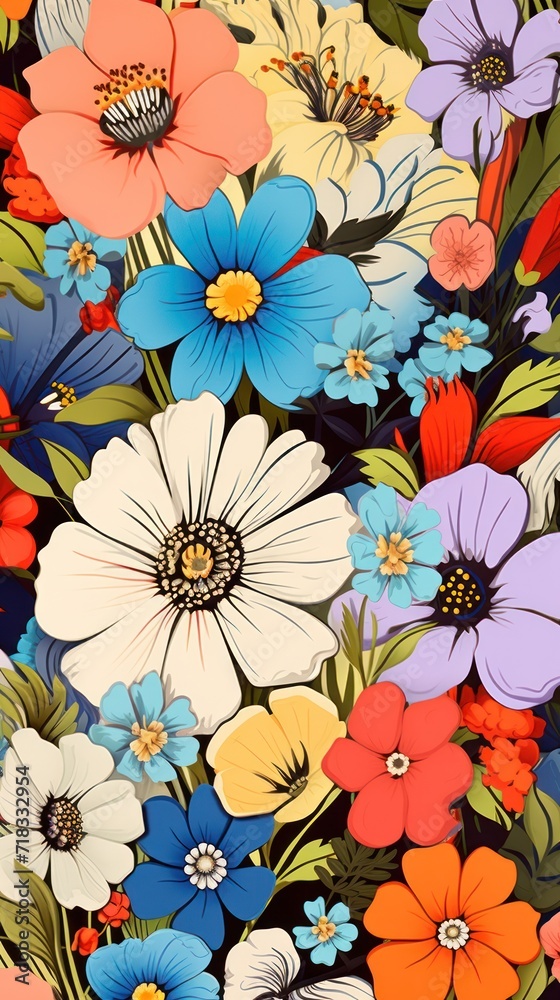  a close up of a bunch of flowers on a white and blue background with red, white, blue, and orange flowers.