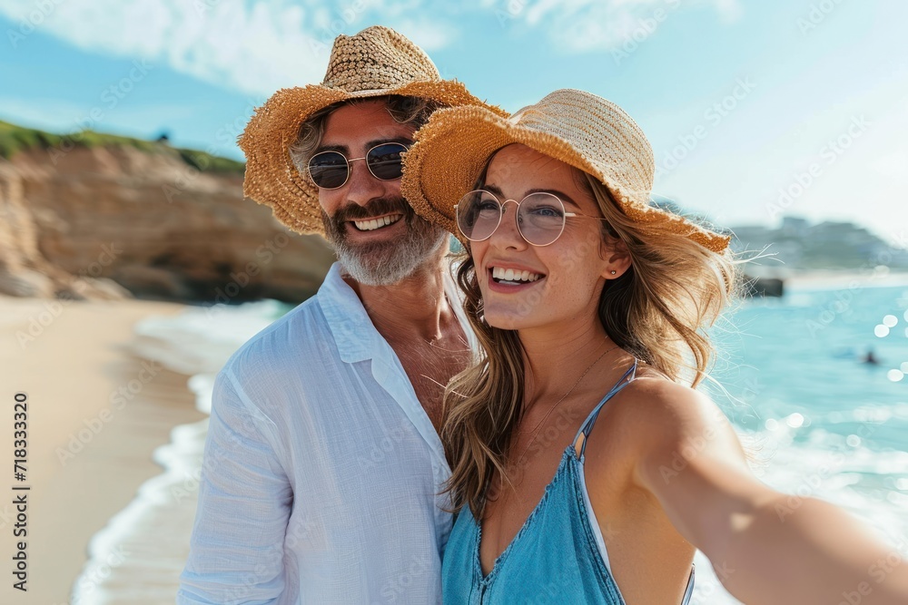 Smiling woman gesturing with man standing at beach