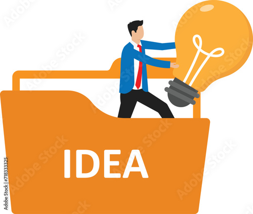 Man stealing lamp bulb from file and intellectual property and copyright in form electric lamp concept
