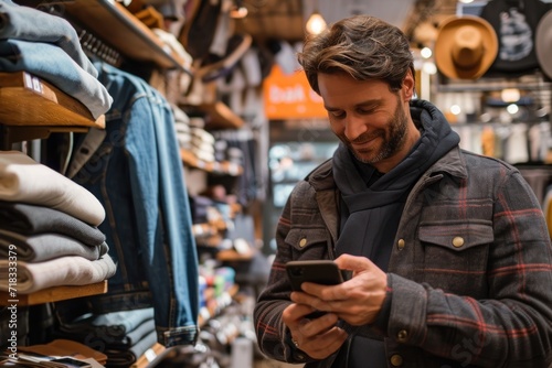 Men with smart phone shopping for shirt in clothing store