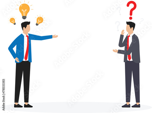 Two businessmen share idea positive thinking and question solution thinking concept
