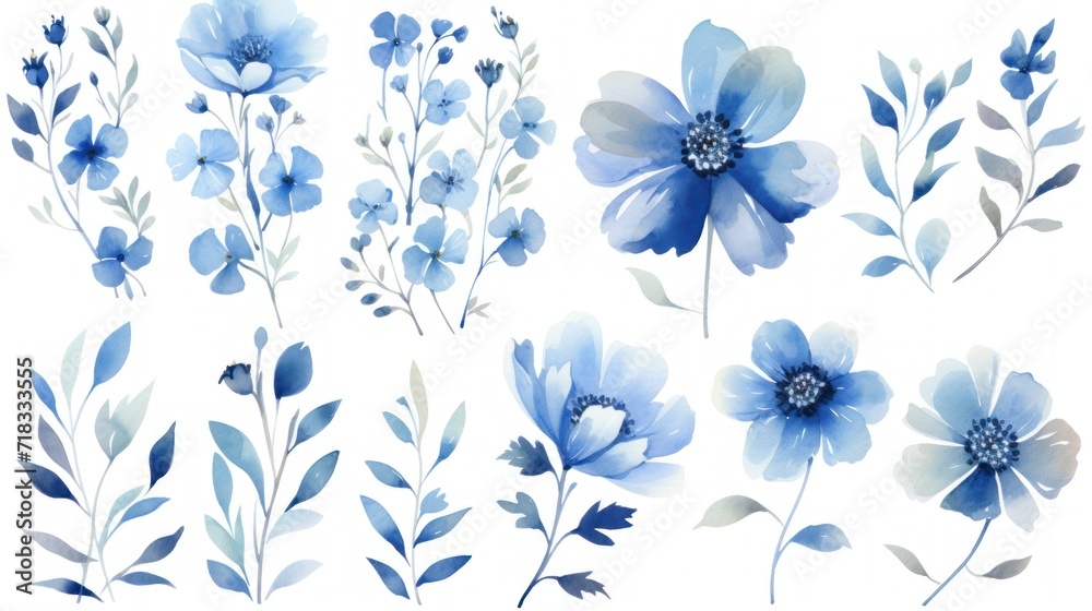  a set of blue flowers and leaves painted in watercolor on a white background with a place for your text.