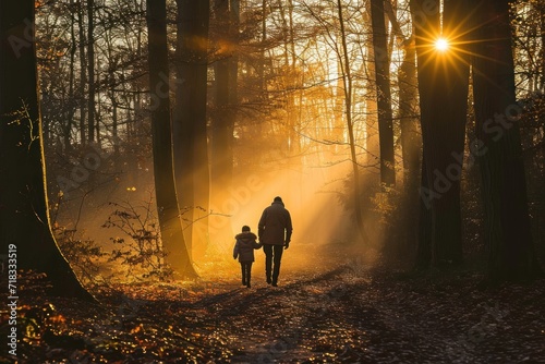 Father and son walking in forest in backlight © Tisha
