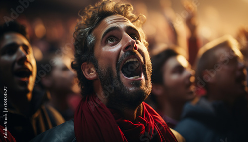 A joyful crowd of fans cheering at a performance generated by AI