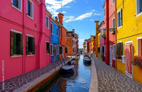 colorful canal with houses with boats docked in the water