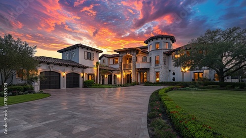 Stunning Luxury Home Exterior at Sunset with Colorful Sky and Expansive Driveway. This Mansion has Three Garages, Turret Style Tower, and Two Floors © Khalif