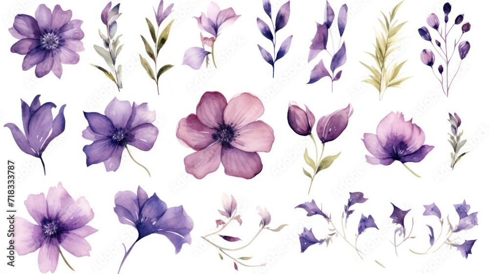  a set of watercolor flowers and leaves on a white background stock photo - budget - free watercolor flowers and leaves on a white background.