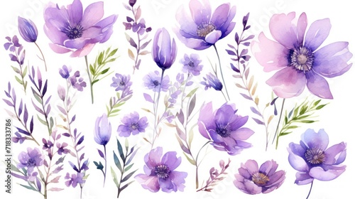 a bunch of flowers that are painted in watercolor on a white background with a green stem and purple flowers.