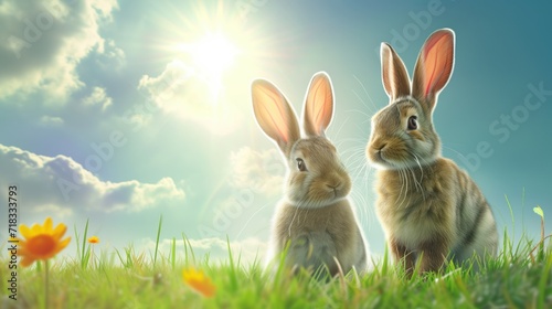 Two Rabbits Sitting on Lush Green Field With Ample Copy Space, Perfect for Easter and Spring Themes