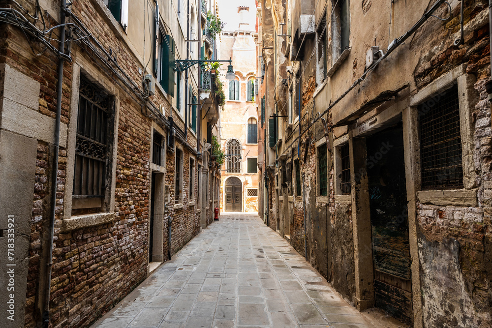 Looking down the narrow streets or alley of Venice