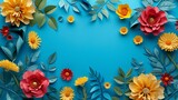 Top view of colorful paper cut flowers with green leaves on blue background with copy space