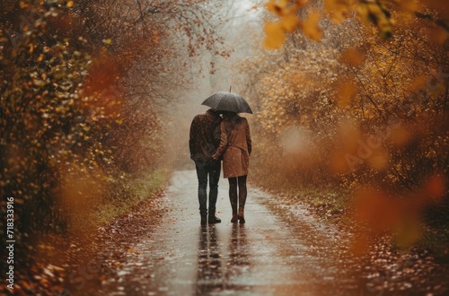 a couple kissing on a path out of a rainy day