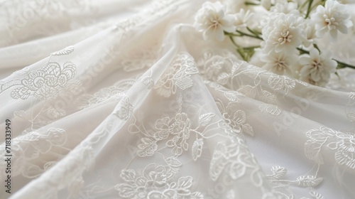 A delicate lace fabric, displayed to show its intricate patterns, fine threads, and transparent texture, against a clean white background