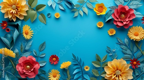 Top view of colorful paper cut flowers with green leaves on blue background with copy space © Khalif