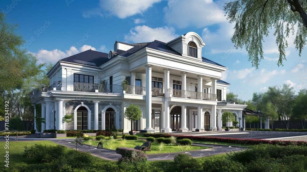 Very beautiful luxury mansion. Exterior of a large white house