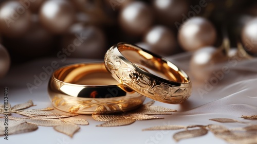  a couple of gold wedding rings sitting on top of a table next to a bunch of christmas ornament balls.